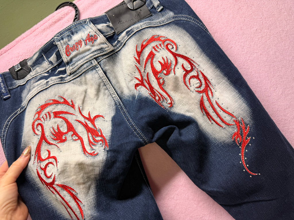 Crazy Age Y2K Embroidered Flare Jeans – Size 40