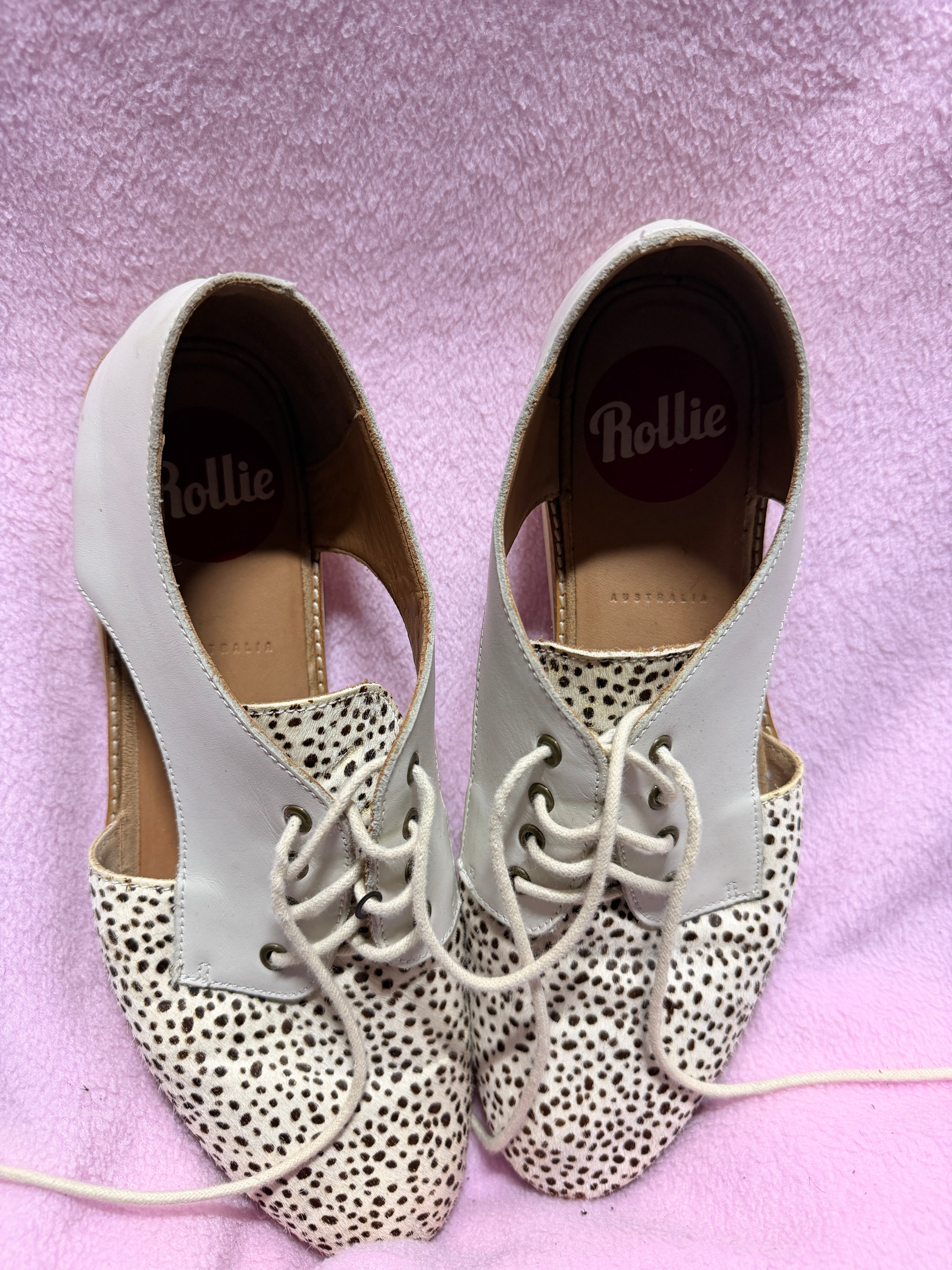 Rollie Derby City Cutout Shoes – White & Spot Pony Hair – 41/10.5