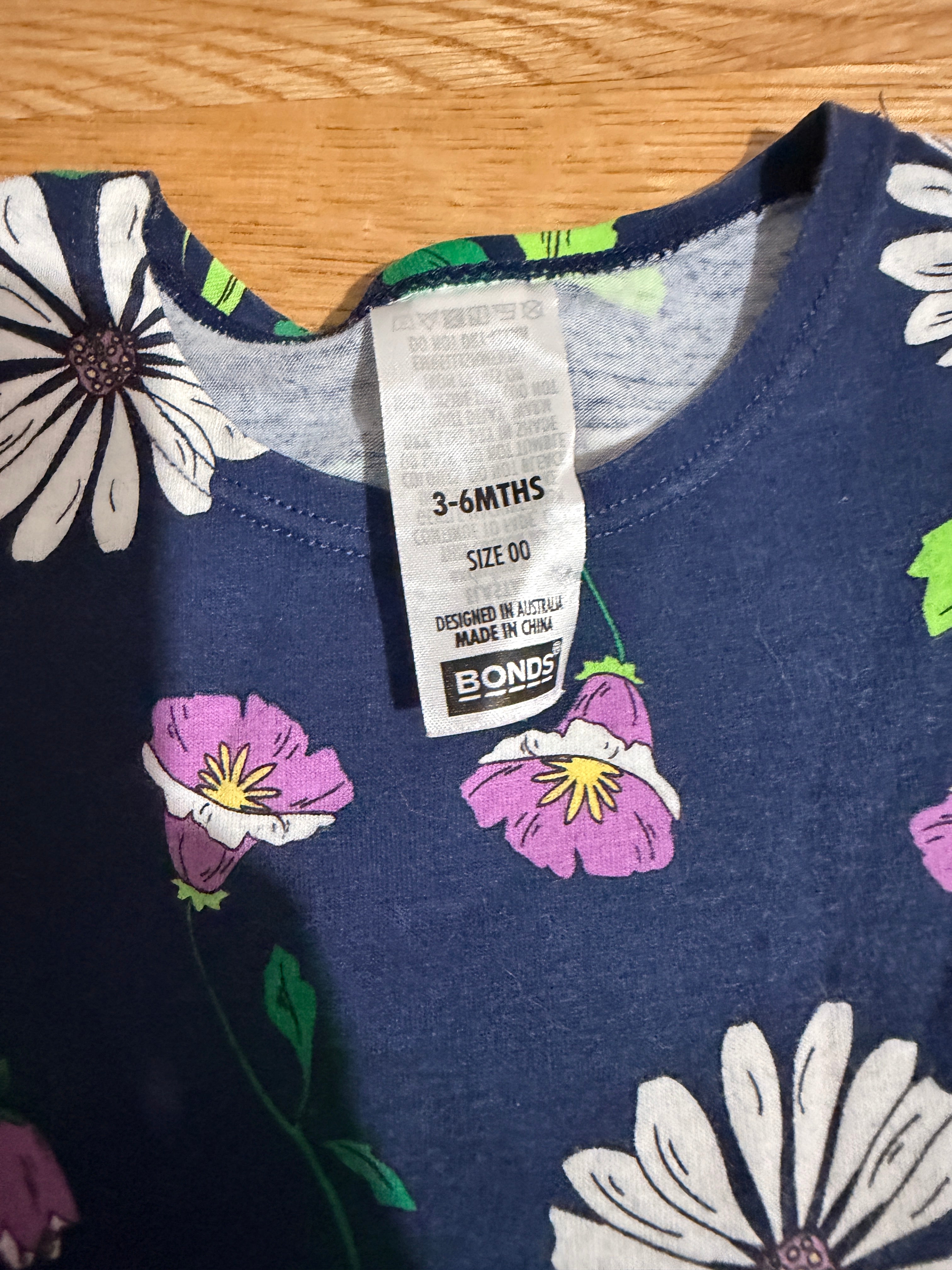 Bonds Floral Long Sleeve Dress – Size 00 (3–6 Months)